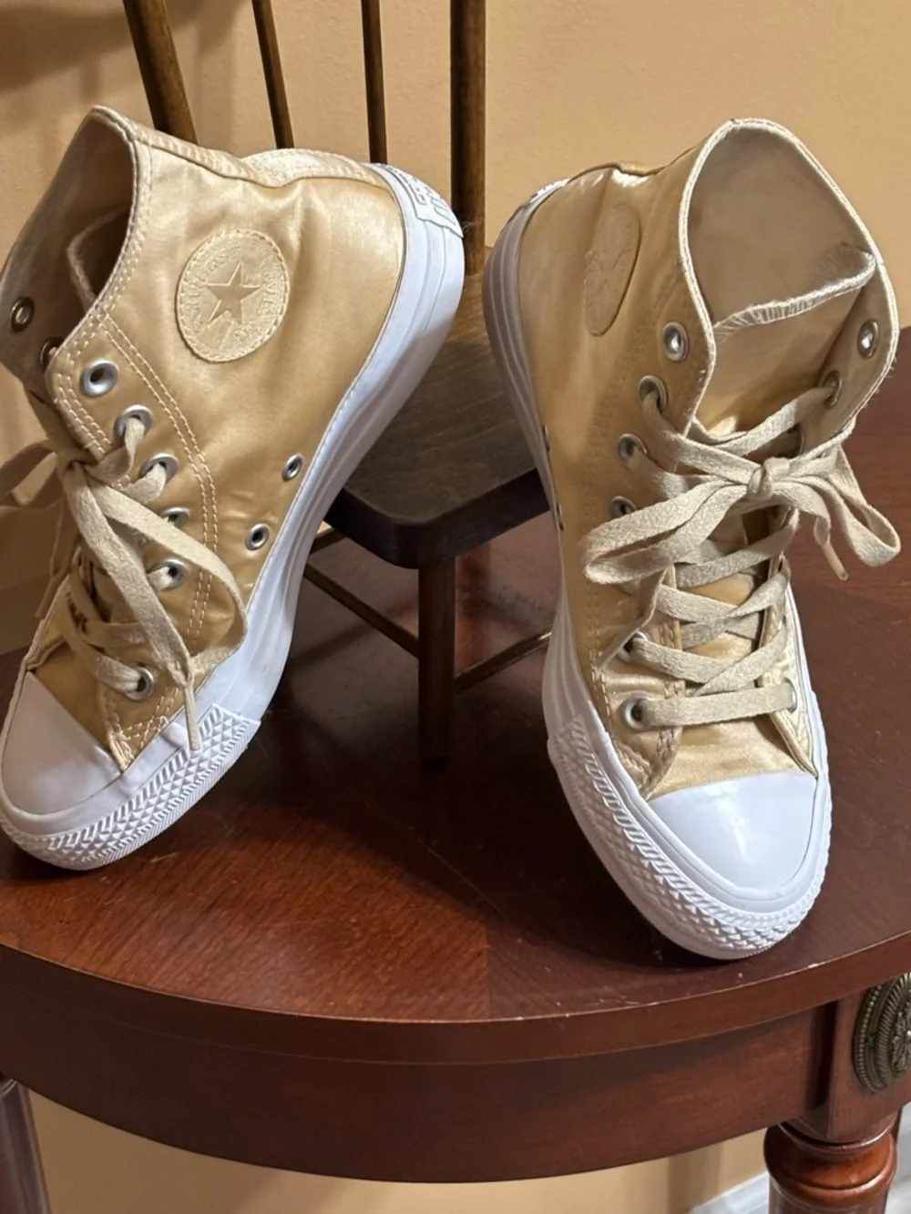 Converse Women’s High-Top Sneakers in Metallic Gold and White - Picture 6 of 7